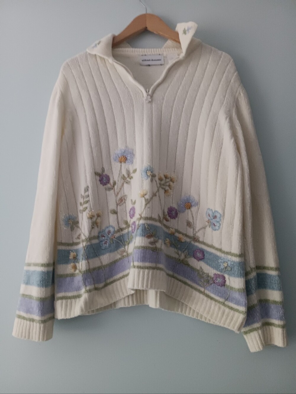 Alfred Dunner Cream Floral Embroidered Zip Cardigan Sweater M